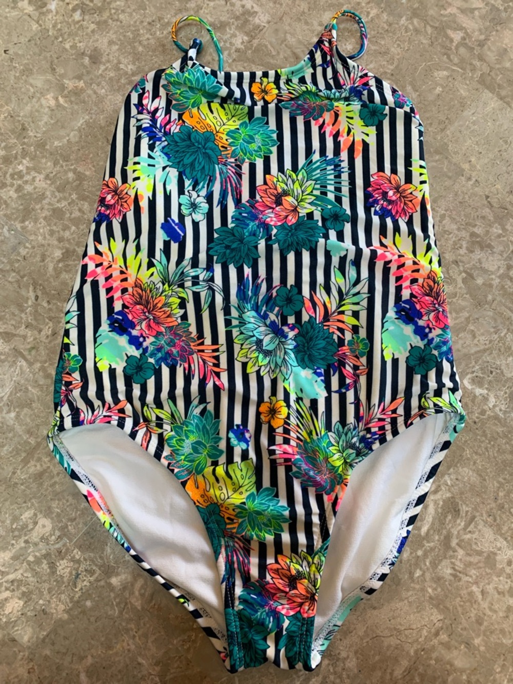 wonder nation Girl’s Black & White Stripe Swimsuit w/Neon Floral Print.Pre-owned